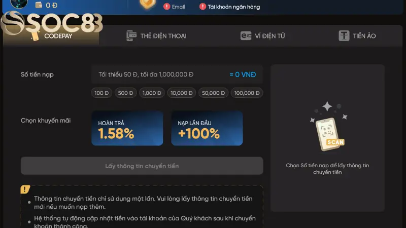 Quy Trình Nạp Tiền Soc88 Đơn Giản